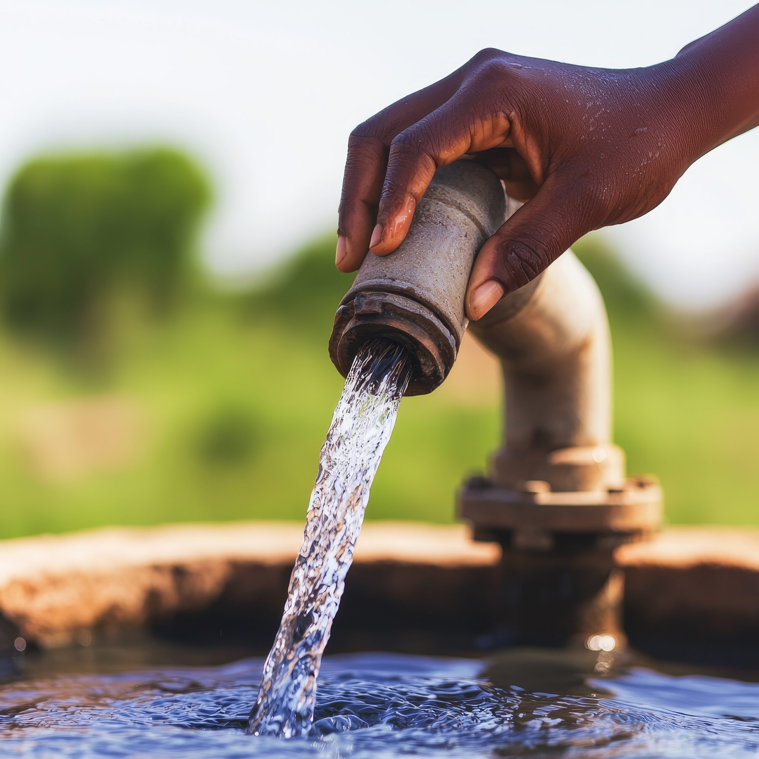 Hand holding a water spout, pouring fresh water into a basin.